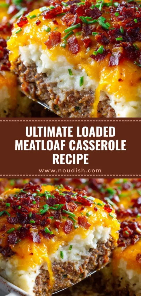 A close-up macro shot of Loaded Potato Meatloaf Casserole being scooped from a rustic white ceramic dish, showing distinct layers of meatloaf and mashed potatoes.