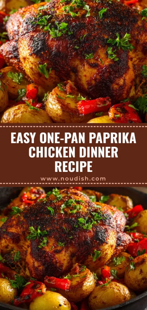 One-Pan Paprika Chicken with Crispy Potatoes & Peppers 4 A close-up overhead shot of a rustic One-Pan Paprika Chicken in a black cast iron skillet, ready to be shared.