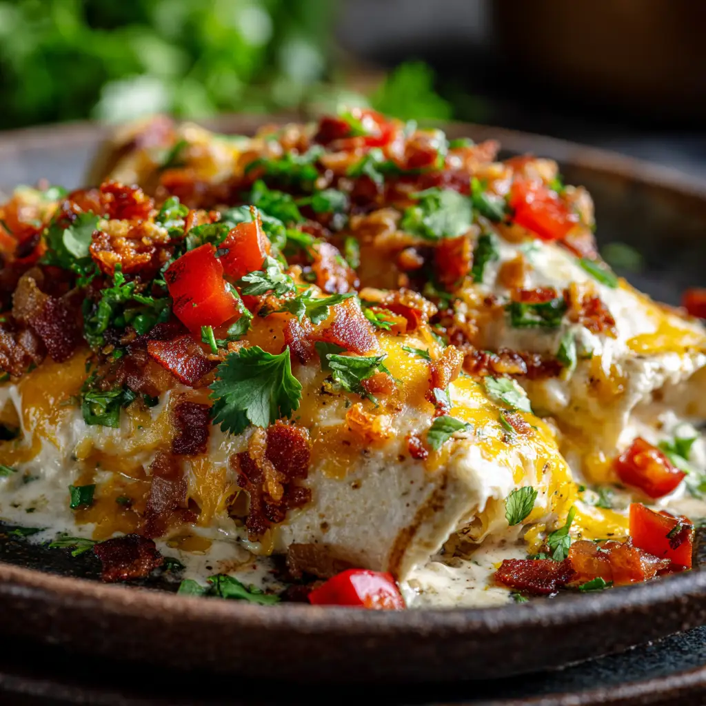 A side-angle view of the Jalapeño Popper Chicken Enchiladas being served, highlighting the layers of tortilla, creamy chicken filling, and sauce.
