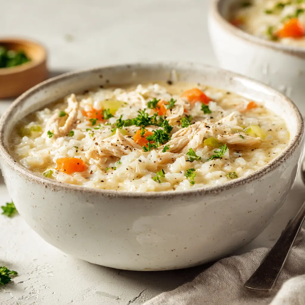 A mouth-watering bowl of homemade Creamy Chicken and Rice Soup, featuring visible shredded chicken, diced carrots, and fluffy rice in a thick broth.