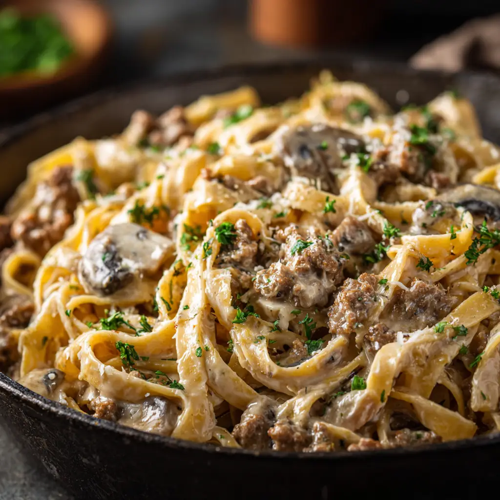 A rustic dark pan filled with the finished ground beef pasta alfredo, ready to be served, showcasing the hearty and accessible nature of the dish under bright kitchen lighting.