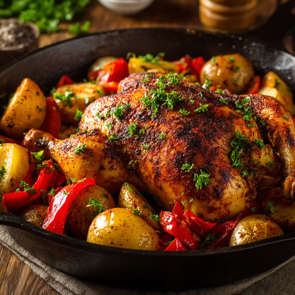 A beautifully roasted One-Pan Paprika Chicken with golden baby potatoes and red bell peppers in a cast iron skillet, garnished with fresh parsley.