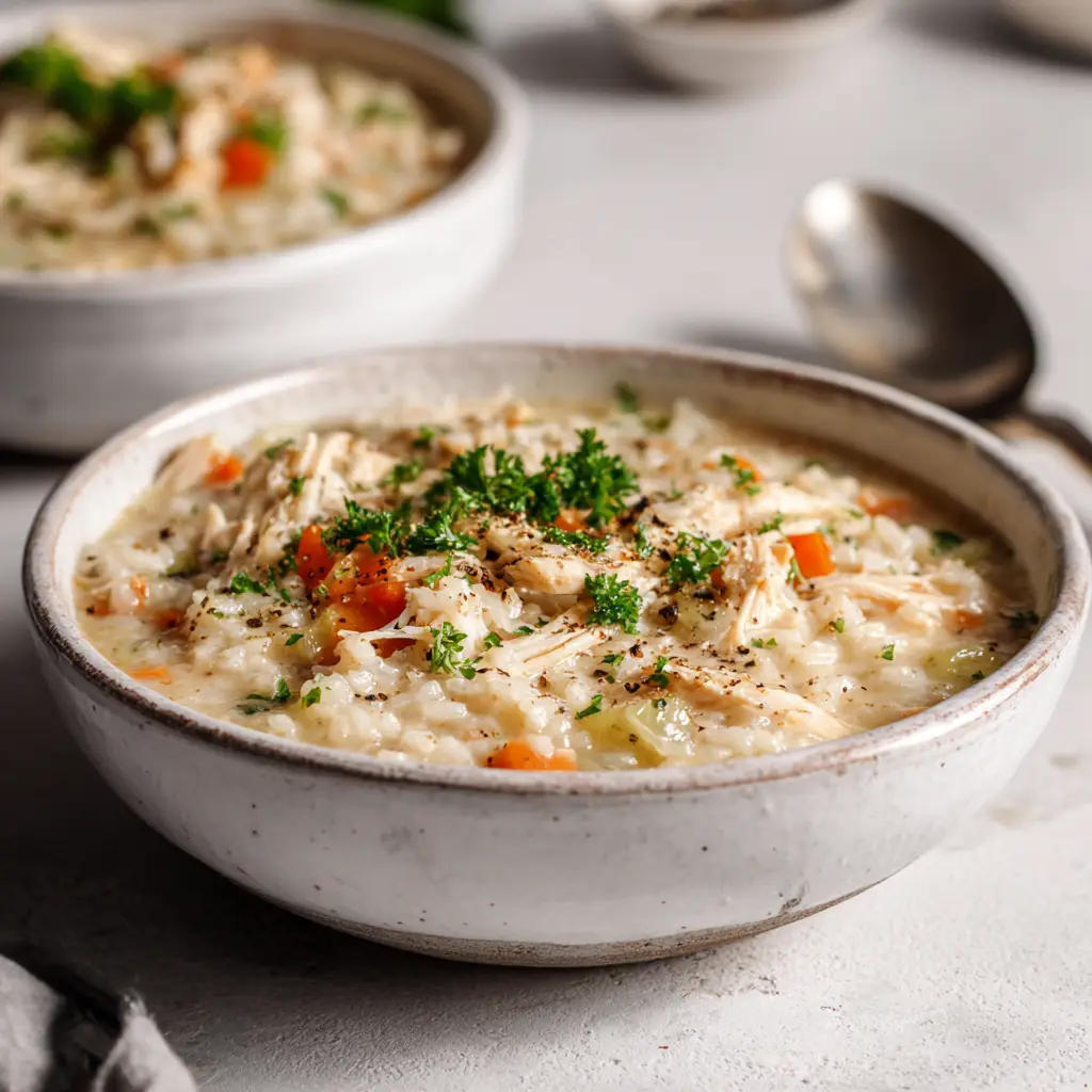 A slightly elevated angle of a cozy bowl of Creamy Chicken and Rice Soup sitting on a light-colored, textured surface.