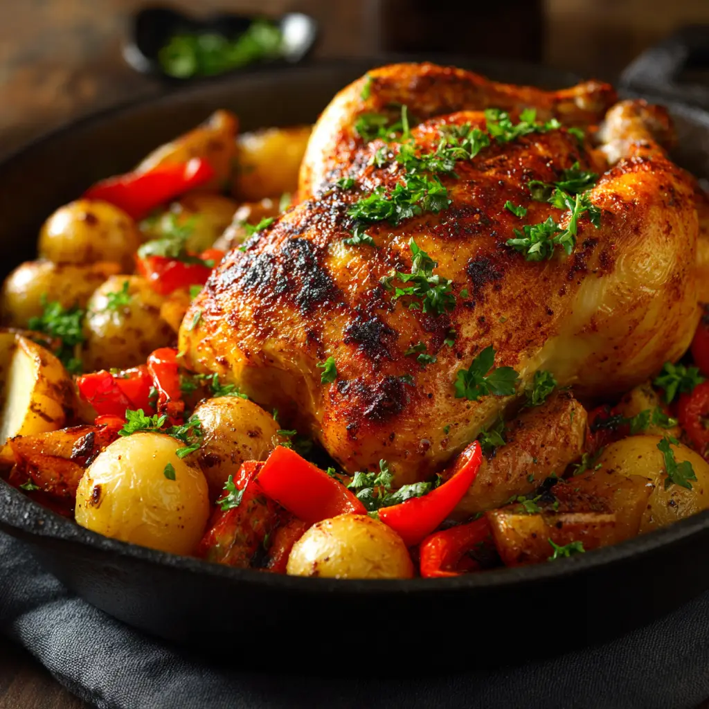 One-Pan Paprika Chicken with Crispy Potatoes & Peppers 1 A macro shot focusing on the crispy, paprika-rubbed skin of the roast chicken, highlighting its texture and deep golden color.
