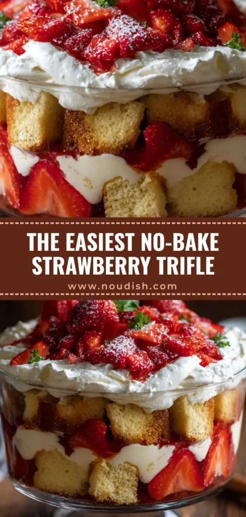 A beautiful homemade Strawberry Trifle in a large glass bowl, showing distinct layers of pound cake, vanilla pudding, and fresh strawberries, topped with whipped cream.