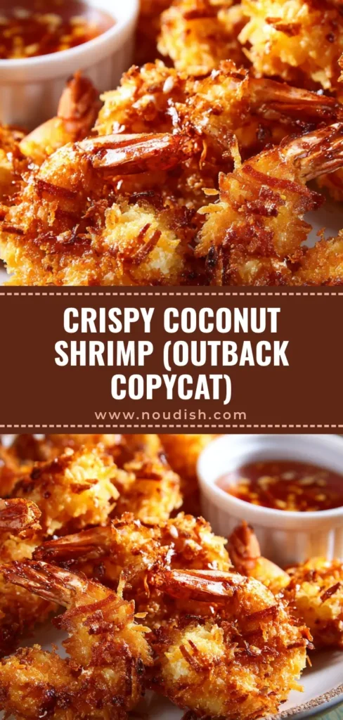 A close-up shot of crispy golden-brown coconut shrimp piled on a plate with a side of sweet chili dipping sauce. (Coconut Shrimp Recipe)