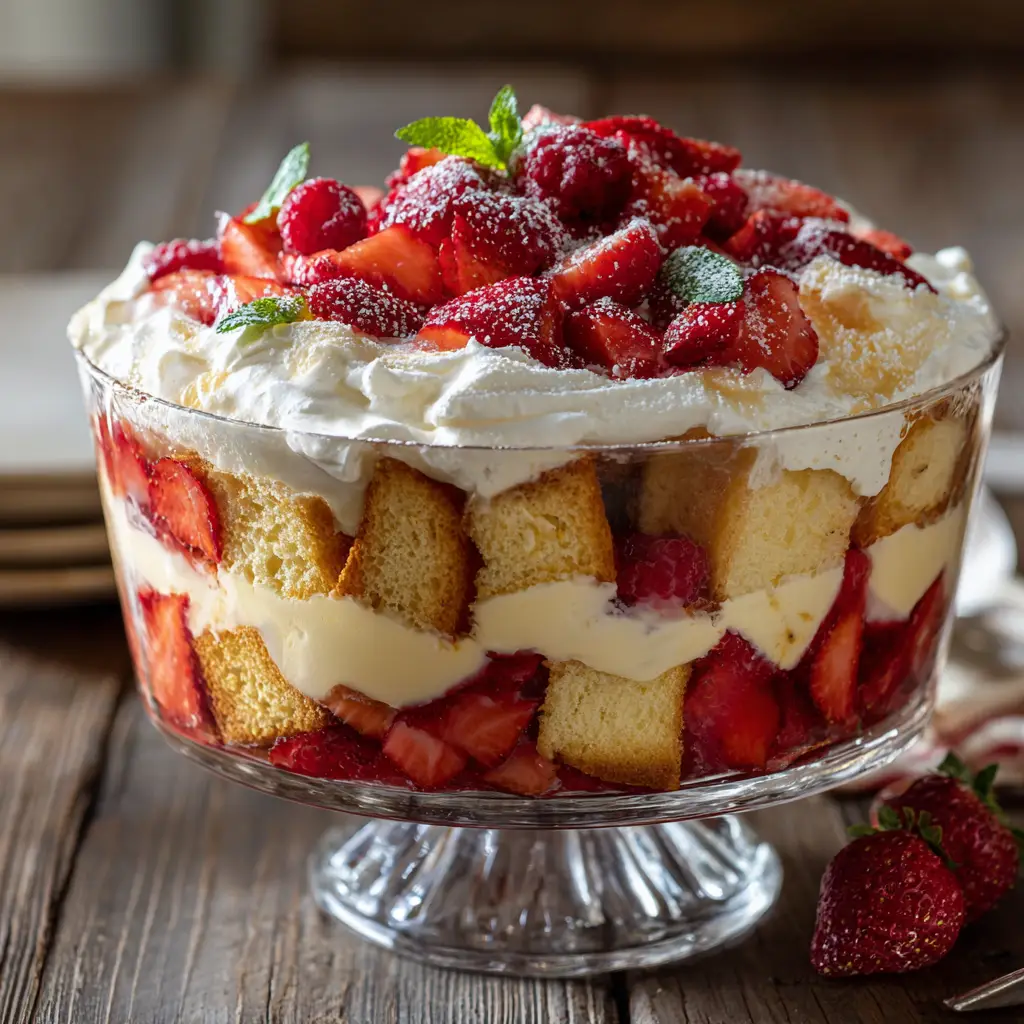 A close-up macro shot of a Strawberry Trifle, highlighting the texture of the cubed pound cake and creamy vanilla pudding layers in a rustic glass bowl.