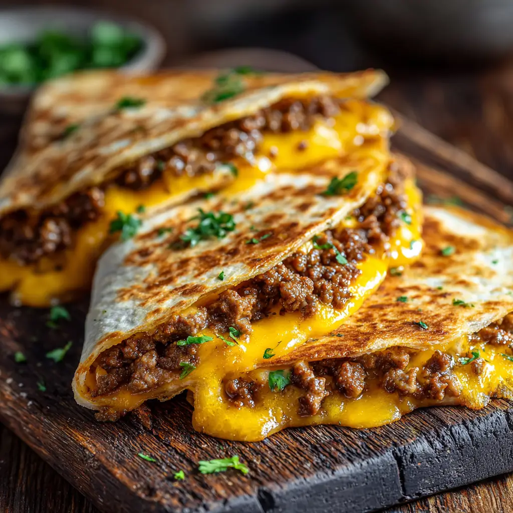 Ground Beef Quesadillas: The Ultimate Cheesy Skillet Dinner 1 Melted cheddar cheese spilling out of perfectly toasted flour tortillas filled with seasoned ground beef.