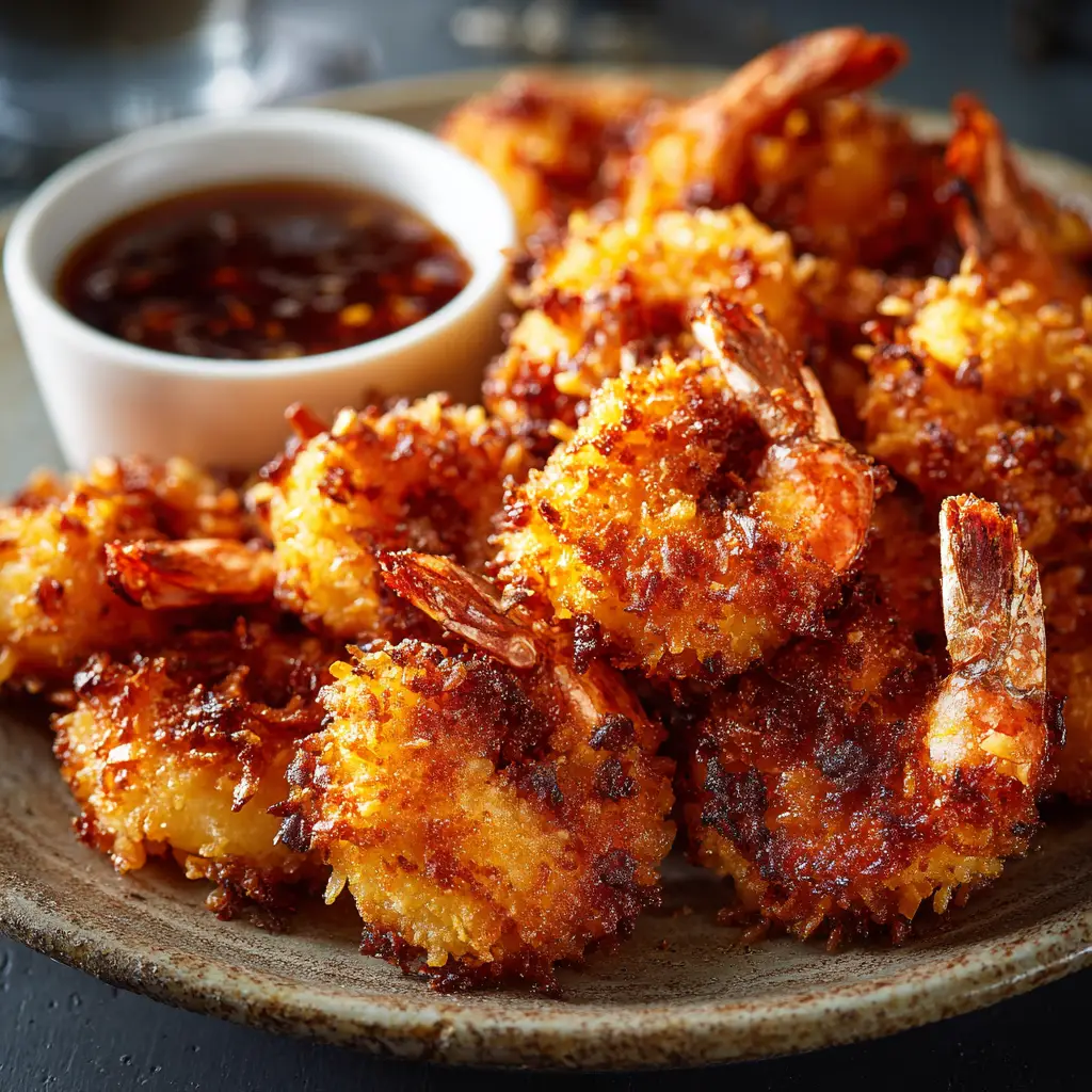 A macro shot showcasing the crispy, textured coating of golden-fried coconut shrimp on a rustic ceramic plate. (Coconut Shrimp Recipe)