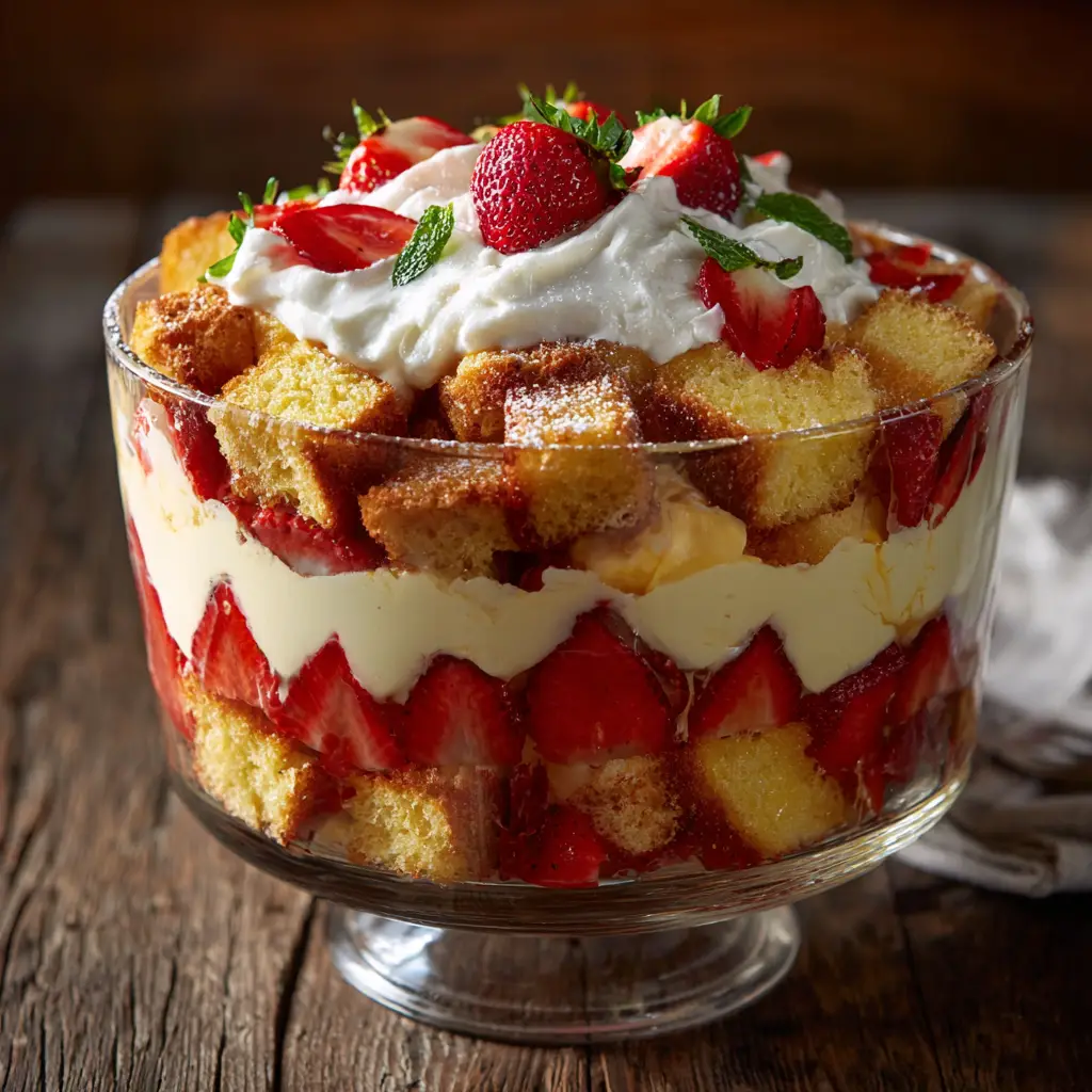 An appetizing Strawberry Trifle presented on a worn wooden tabletop, with bright natural light highlighting the fresh strawberry slices and whipped cream topping.