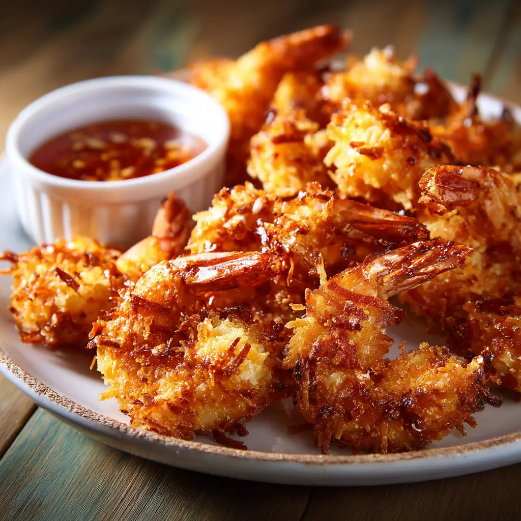 A hearty pile of freshly fried coconut shrimp next to a white ramekin of sweet chili sauce, with warm, inviting lighting.
