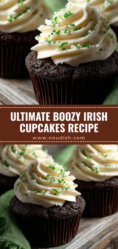 The Ultimate Irish Cupcakes with Baileys Buttercream Frosting 4 A close-up shot of decadent Irish Cupcakes, featuring rich chocolate Guinness cake and a generous swirl of Baileys buttercream, topped with green and white sprinkles.