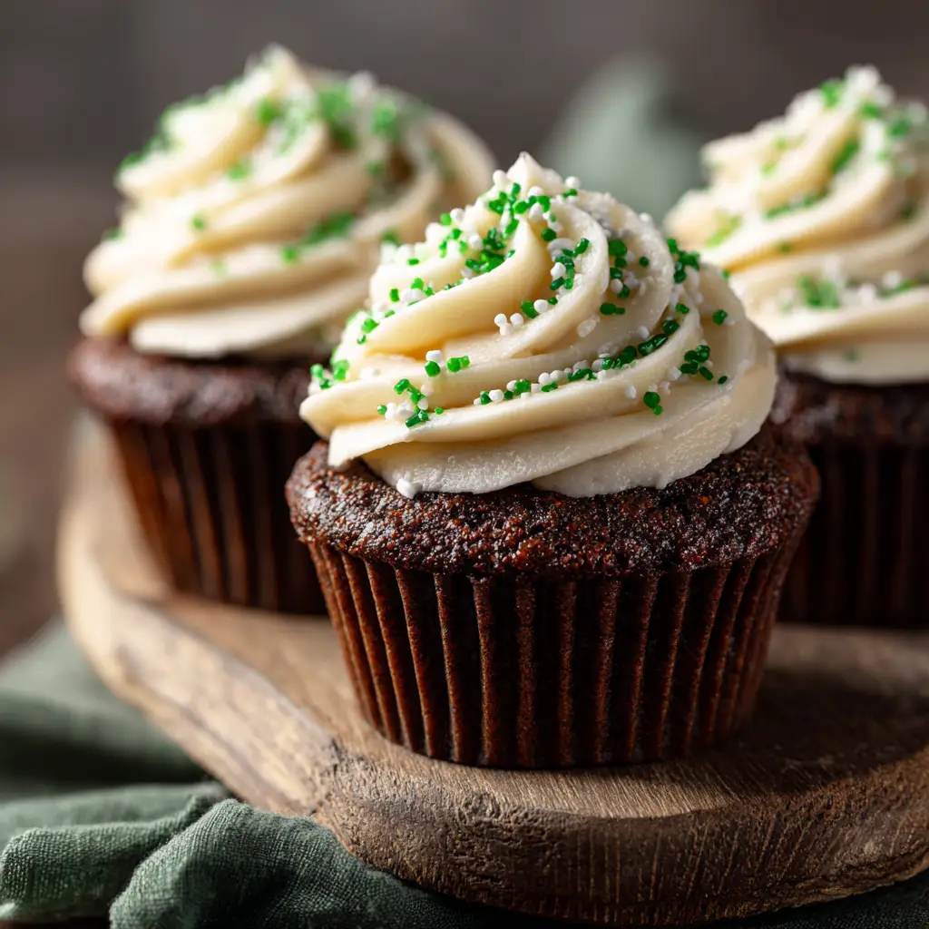 Three authentic Irish Cupcakes beautifully arranged on a rustic wooden board, showcasing their moist chocolate texture and fluffy Baileys buttercream swirls.