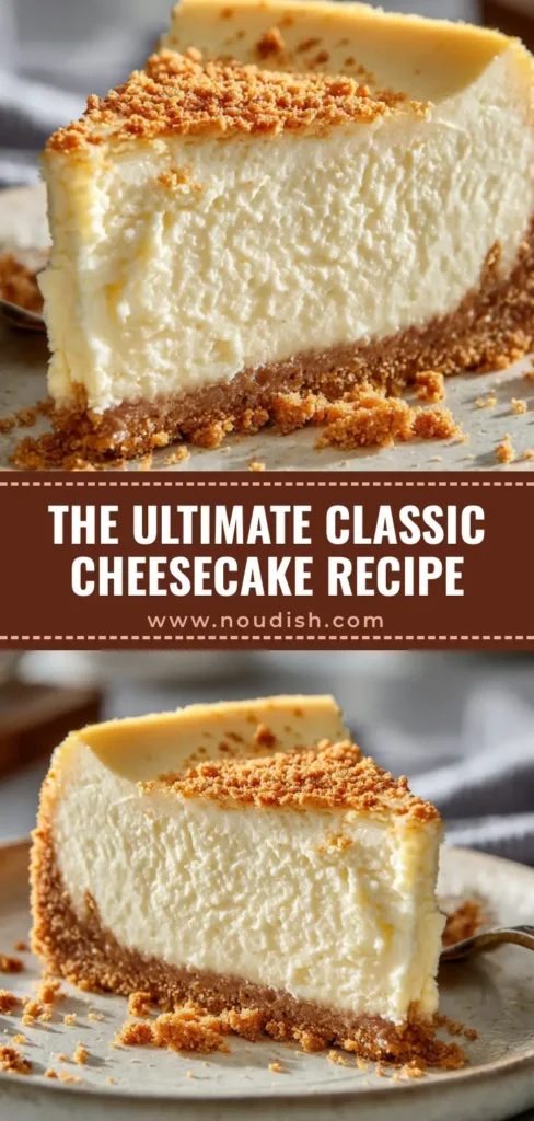 A close-up photo of a perfect slice of classic New York cheesecake on a white plate. The cheesecake has a thick graham cracker crust and a dense, creamy texture (classic cheesecake recipe).
