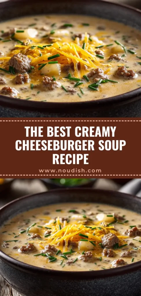 A close-up macro shot of a hearty cheeseburger soup in a rustic dark ceramic bowl, topped with melted cheddar and chives. (Cheeseburger Soup Recipe)