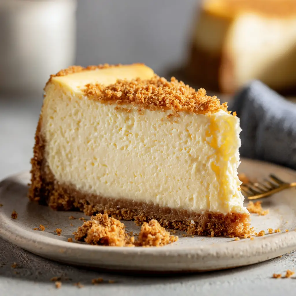 A macro shot showing the dense, creamy texture of a slice of homemade cheesecake, highlighting the buttery graham cracker crust (classic cheesecake recipe).