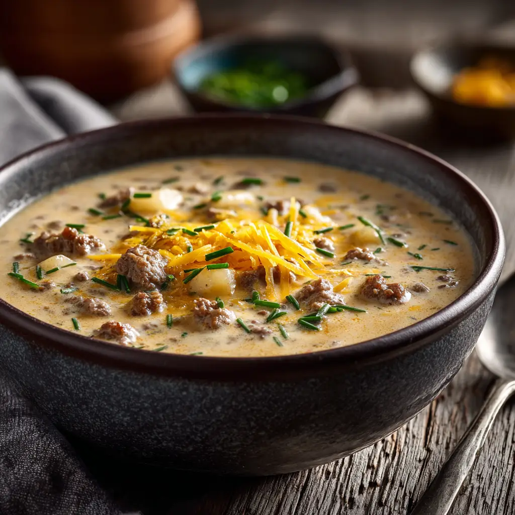 A rustic bowl filled with thick and creamy cheeseburger soup, showing chunks of ground beef and potatoes, garnished with cheese. (Cheeseburger Soup Recipe)