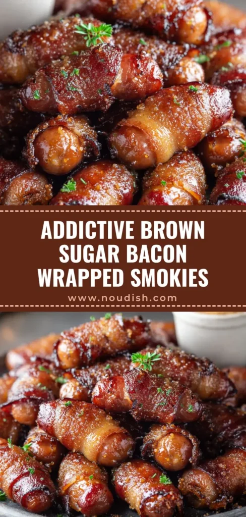 A close-up macro photo of a hearty pile of freshly baked brown sugar bacon wrapped smokies on a rustic ceramic tray.