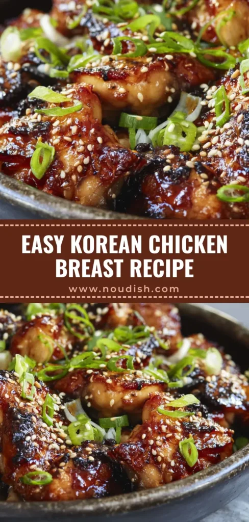 A close-up overhead shot of juicy Korean Chicken Breasts in a dark bowl, coated in a thick, glistening glaze and topped with sesame seeds and green onions.