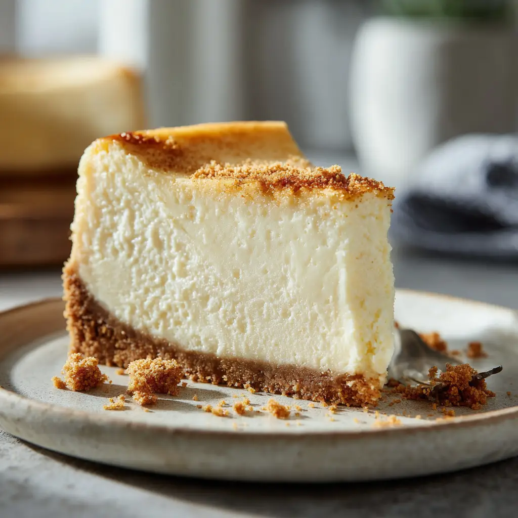 A hearty slice of classic cheesecake presented on a rustic off-white plate in a cozy kitchen setting.