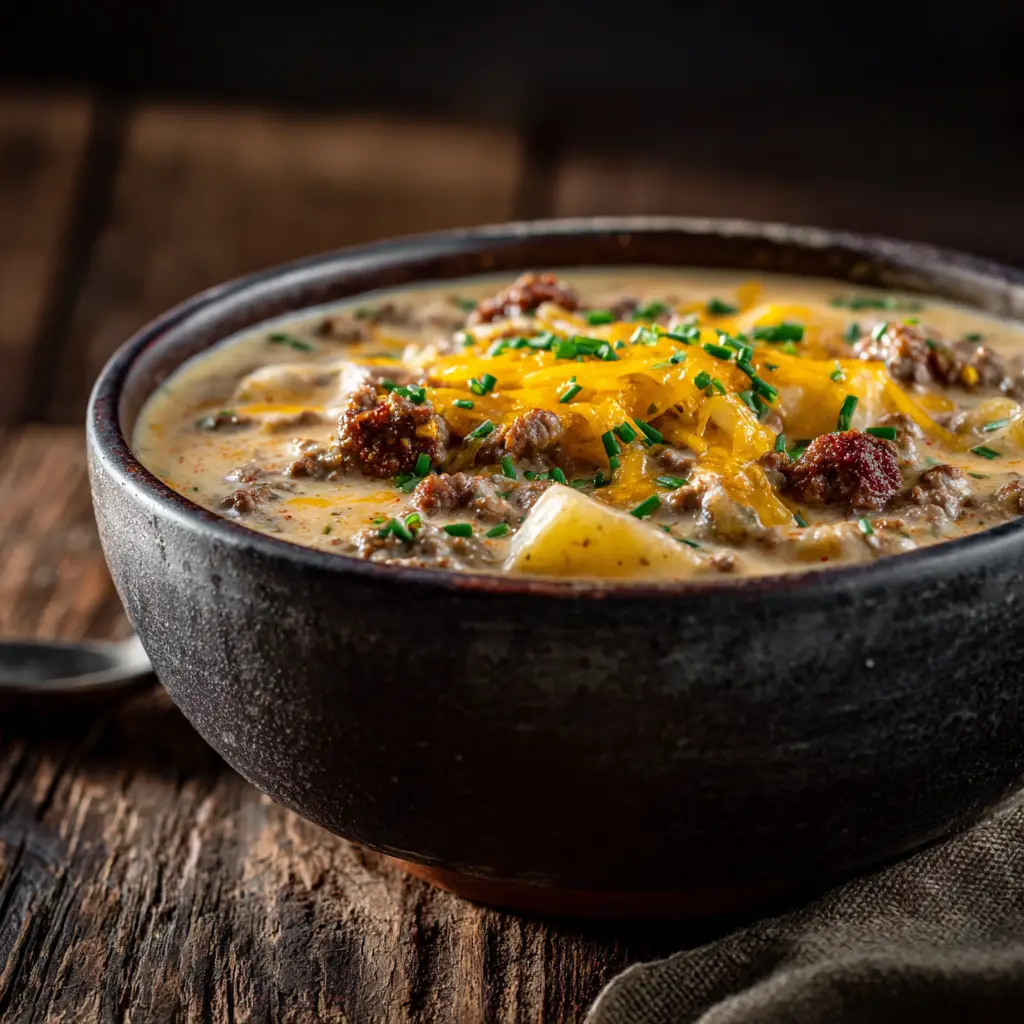 Side view of a bowl of homemade cheeseburger soup on a wooden table, highlighting the creamy texture and fresh chive garnish.