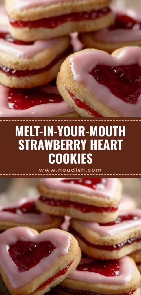 A shareable pin image showing an overhead view of Heart-Shaped Strawberry Shortbread Cookies arranged neatly on parchment paper, with text overlay for Pinterest.