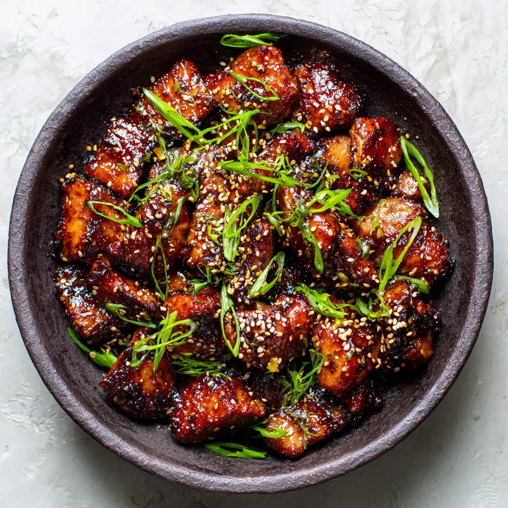 An authentic, home-cooked bowl of Korean Chicken Breasts seen from a top-down angle, emphasizing the juicy texture and savory glaze.