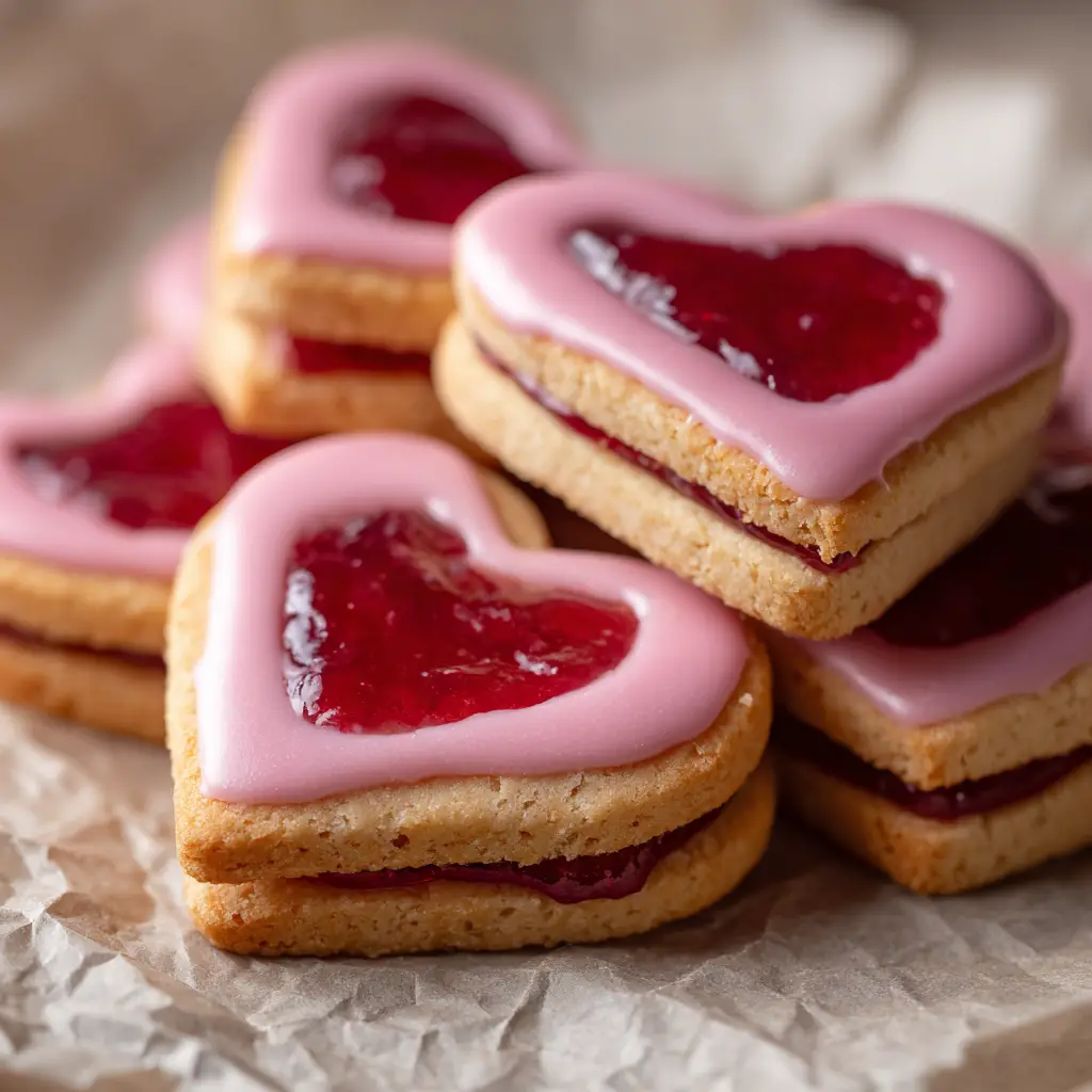 A close-up macro shot of Heart-Shaped Strawberry Shortbread Cookies filled with red jam and drizzled with pink icing, piled on crumpled parchment paper.