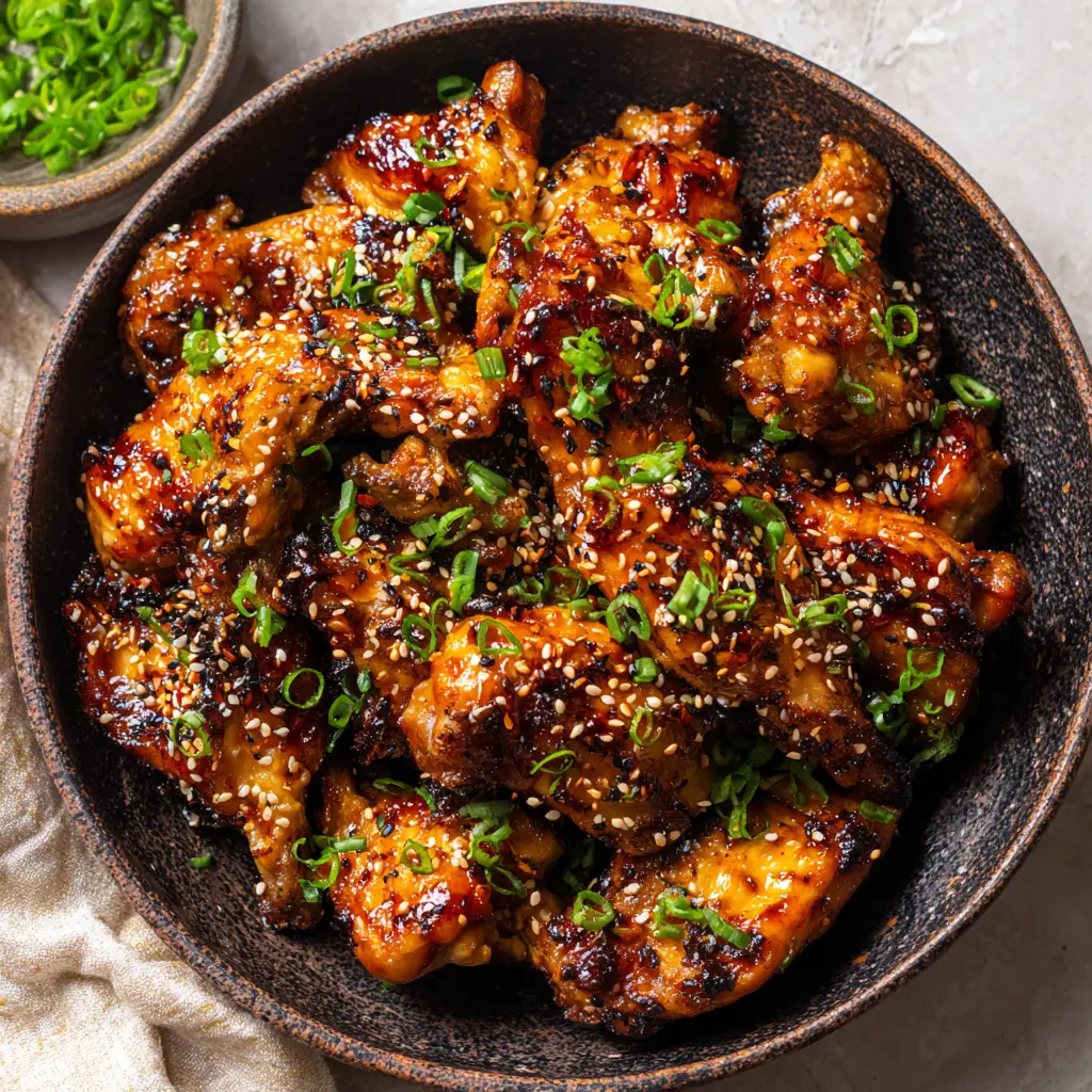 A macro shot of Korean grilled chicken pieces, highlighting the thick savory glaze, toasted sesame seeds, and fresh green onions.