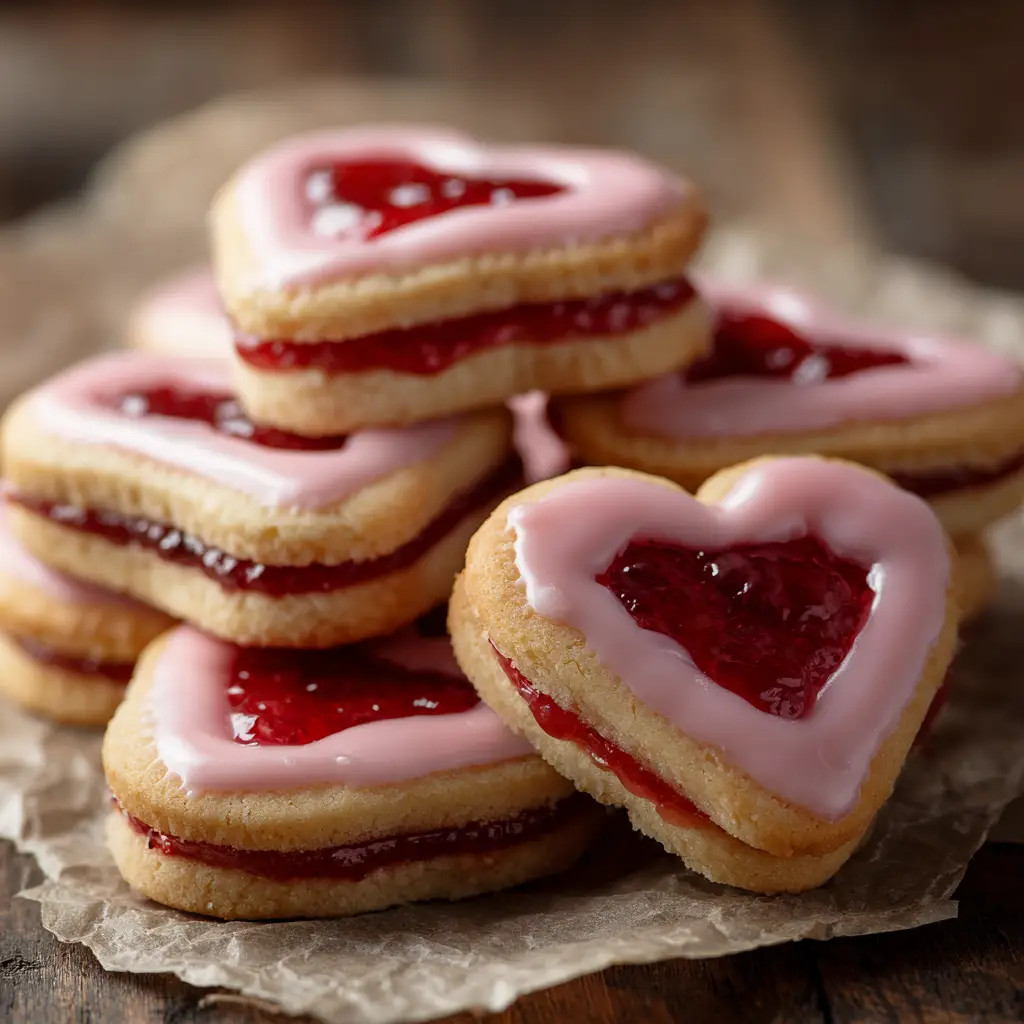 An appealing arrangement of Heart-Shaped Strawberry Shortbread Cookies in a charming pile, showcasing their glossy icing and home-cooked aesthetic.