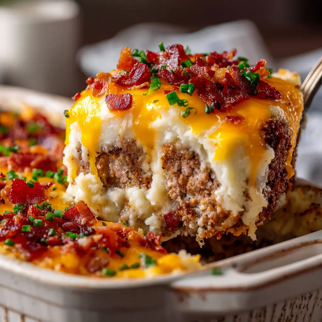 Distinct layers of rich meatloaf and creamy mashed potatoes baked in a white ceramic dish, topped with melted golden cheddar cheese and chives.