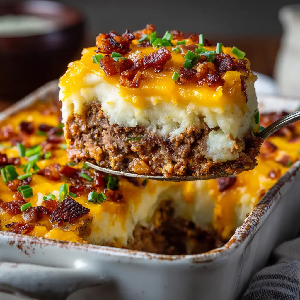Mouth-watering close-up of melted cheddar cheese, crispy bacon crumbles, and fresh green chives on top of a hearty meatloaf casserole.