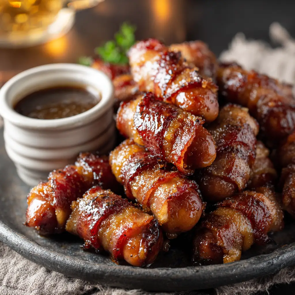 A messy, authentic pile of crispy bacon wrapped sausages next to a small white bowl of extra brown sugar mix.