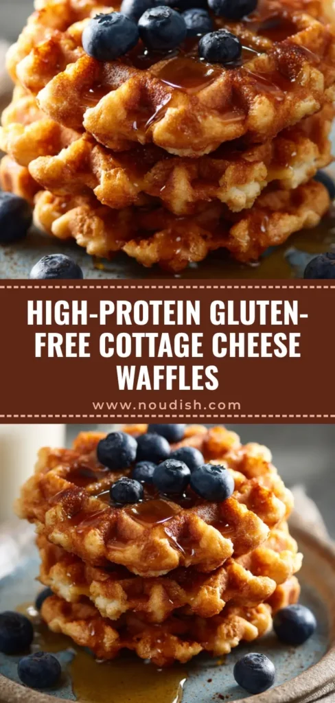 A stack of three hearty, golden-brown Protein Cottage Cheese Waffles on a rustic plate, topped with fresh blueberries and maple syrup.