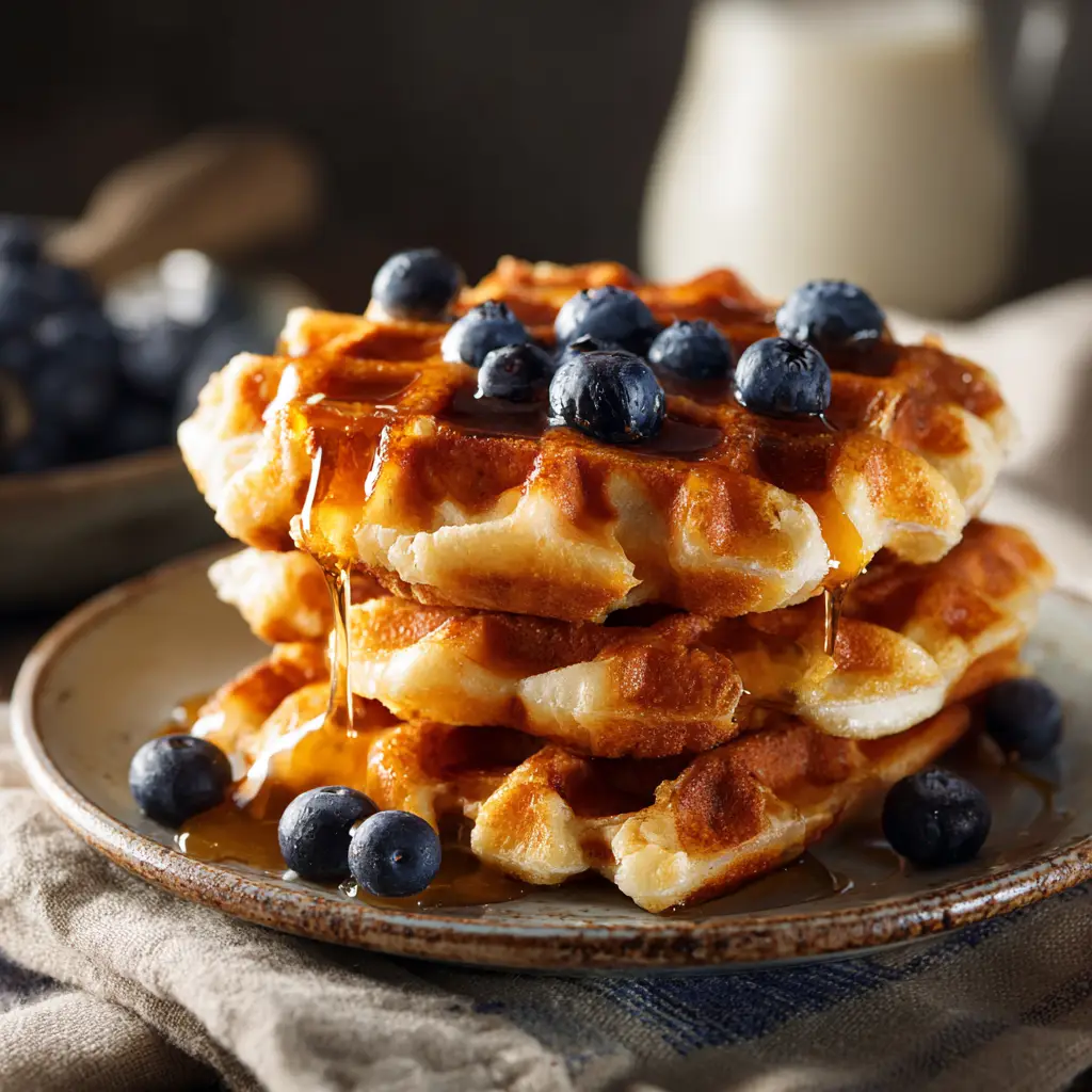 Macro shot of three golden-brown cottage cheese waffles stacked off-center on a rustic stoneware plate with maple syrup drizzling down the sides.