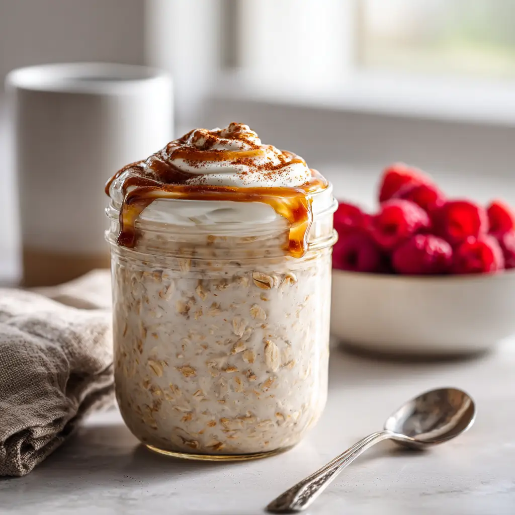 High Protein Cinnamon Roll Overnight Oats: The Ultimate Morning Meal 1 Macro view of High Protein Cinnamon Roll Overnight Oats showing the thick texture and golden maple syrup drizzle.