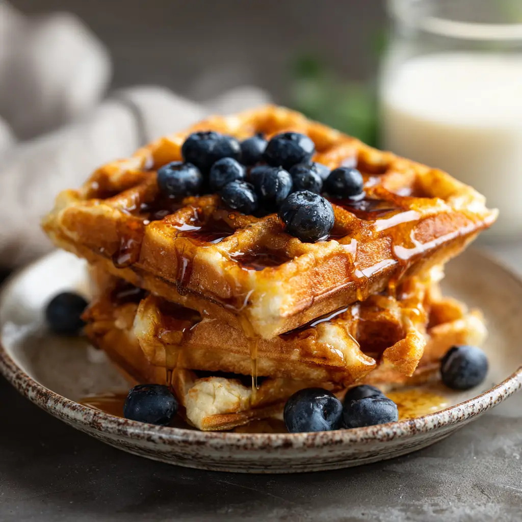A close-up of crispy protein waffles topped with fresh blueberries next to a simple linen napkin and a glass of milk.