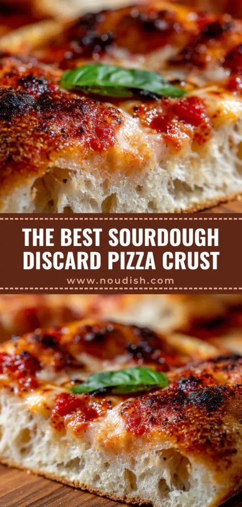 A close-up of a rustic Sourdough discard pizza crust slice topped with melted mozzarella and fresh basil.