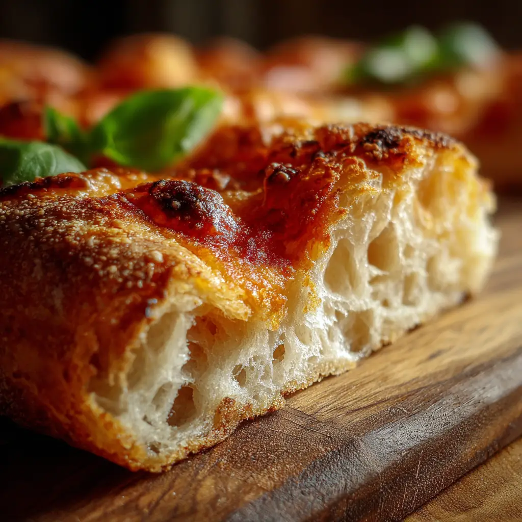 A hearty slice of sourdough discard pizza crust on a rustic wooden board with melted cheese and a single basil leaf.