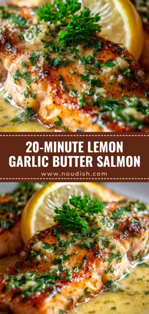 A close-up of a perfectly Baked Lemon Garlic Butter Salmon fillet on a white platter, garnished with fresh parsley and a lemon slice. The salmon is glistening and flaky.