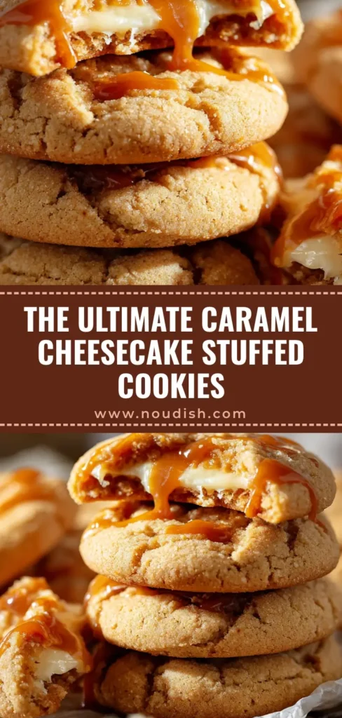 A stack of homemade Caramel Cheesecake Cookies on a wire rack, one broken to show the gooey caramel and cheesecake filling.