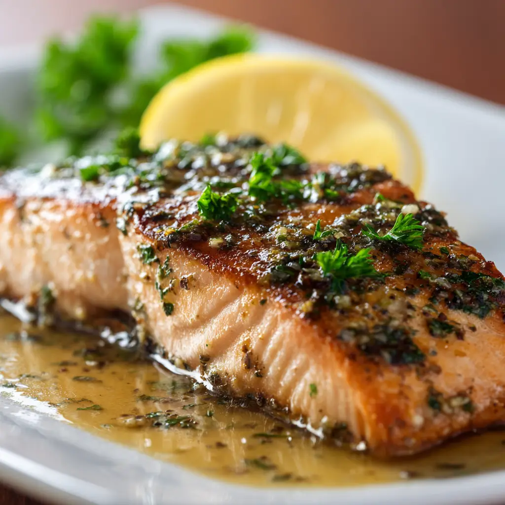 Home 8 A rustic, home-cooked Baked Lemon Garlic Butter Salmon fillet, showing off its flaky texture and rich garlic herb sauce on a white plate.