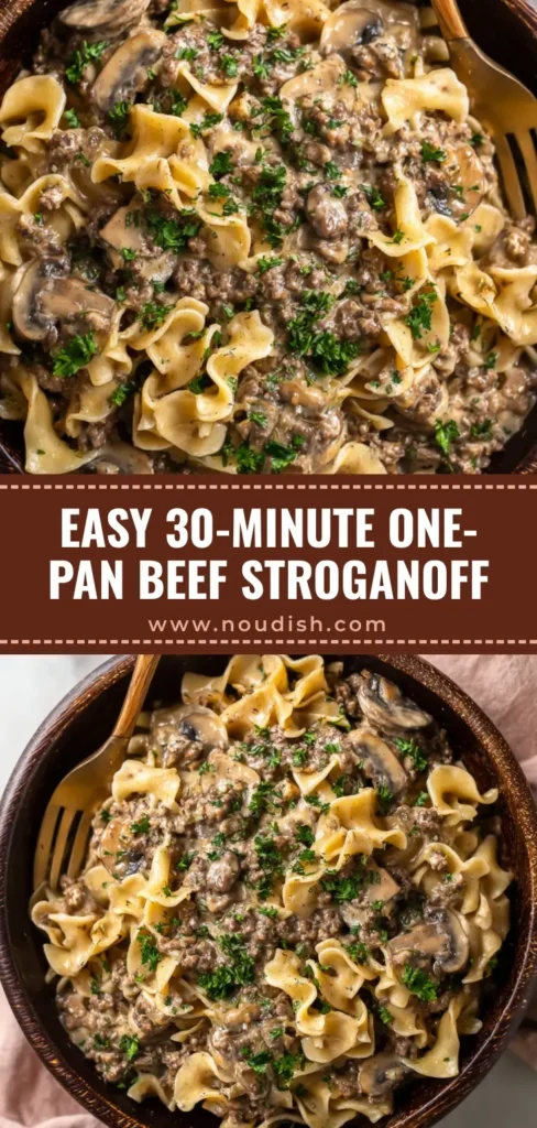 Ground Beef Stroganoff: A 30-Minute Rustic Masterpiece 4 A close-up, top-down view of creamy Ground Beef Stroganoff served in a rustic dark wooden bowl, garnished with fresh parsley. The dish features tender ground beef, mushrooms, and wide egg noodles in a rich sauce.