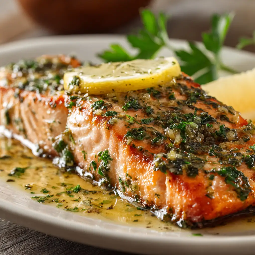 A macro shot emphasizing the glistening garlic butter herb sauce and fresh parsley on a perfectly baked salmon fillet.