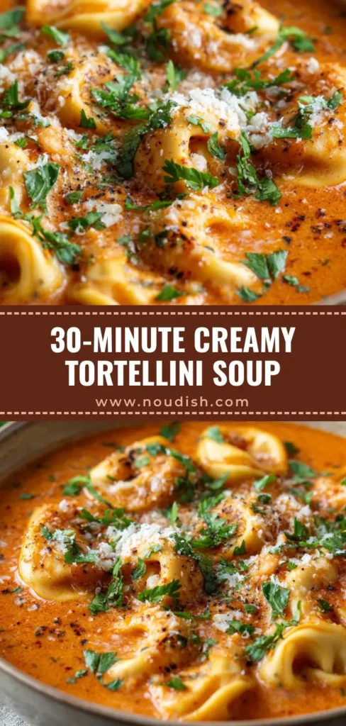 A rustic bowl of creamy tomato tortellini soup, garnished with fresh parsley and parmesan. The soup is in a simple ceramic bowl on a wooden table.