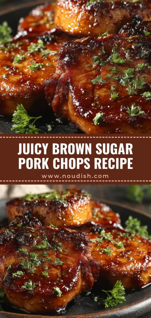 A close-up of four thick-cut baked brown sugar pork chops on a dark platter, glistening with a caramelized glaze and topped with fresh parsley.