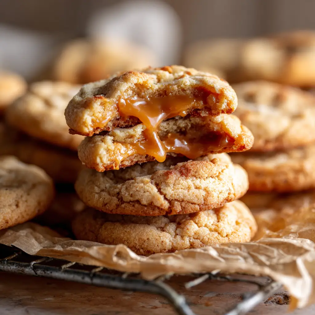 A Caramel Cheesecake Cookie broken in half, revealing a mouth-watering gooey caramel and creamy cheesecake filling.