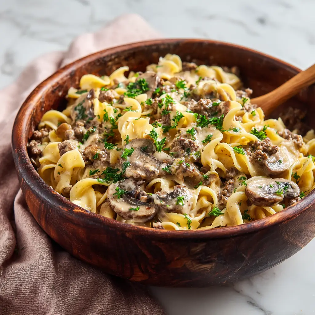 Ground Beef Stroganoff: A 30-Minute Rustic Masterpiece 2 A detailed macro shot showcasing the rich and creamy texture of the Ground Beef Stroganoff sauce clinging to wide egg noodles and pieces of tender ground beef and mushrooms.