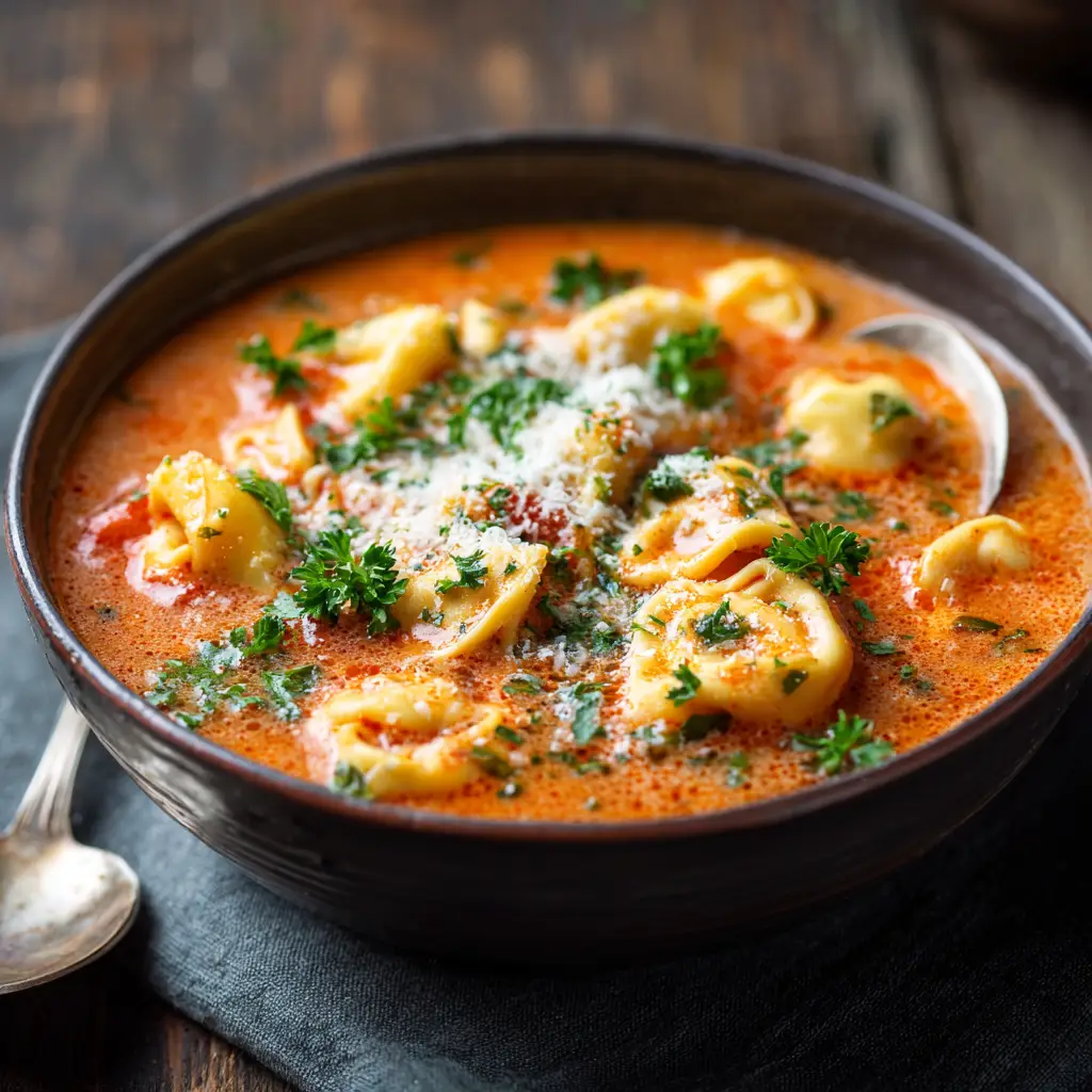 A spoonful of creamy tomato tortellini soup being lifted from a bowl, highlighting the tender cheese tortellini and rich tomato broth.