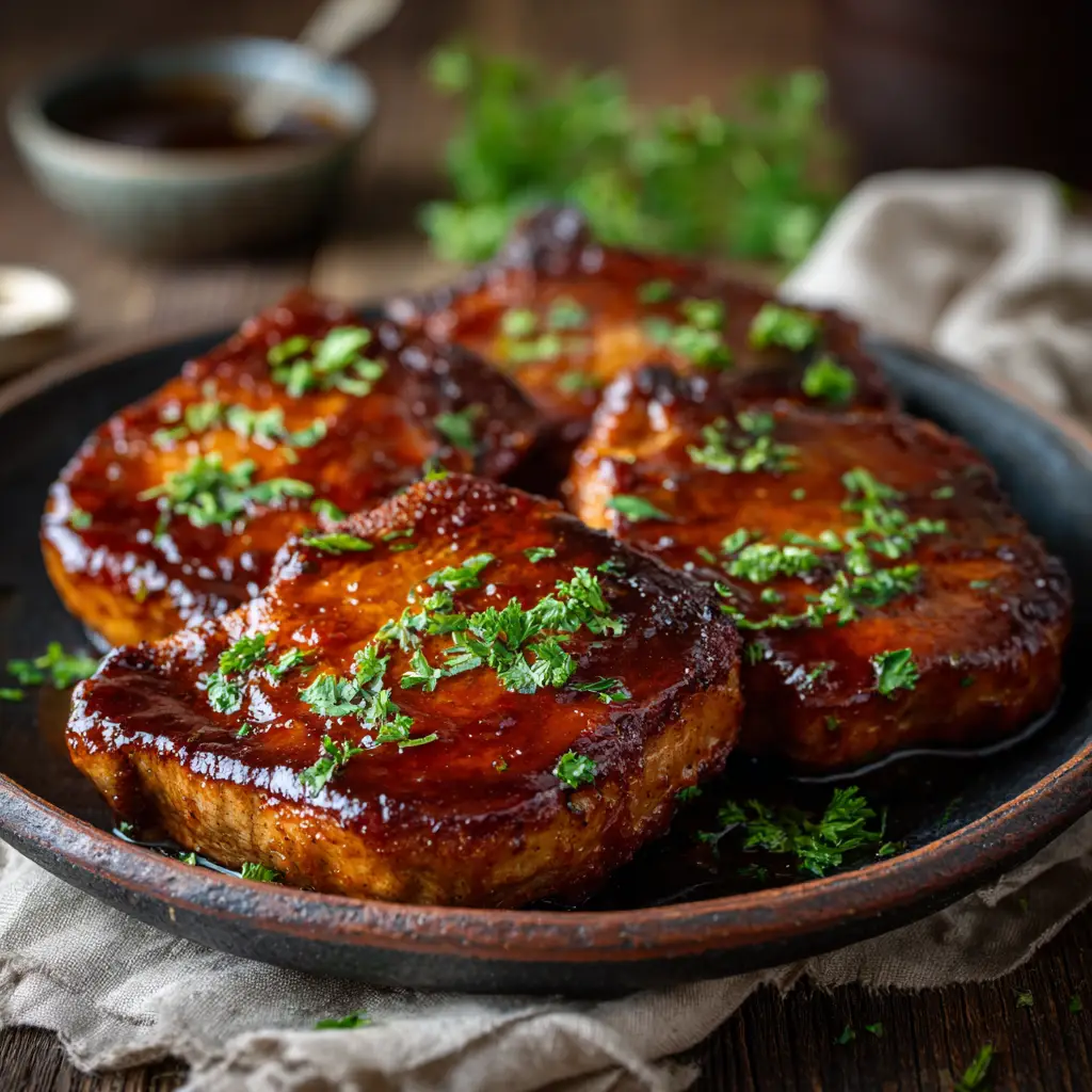 Four perfectly cooked Brown Sugar Pork Chops arranged on a dark plate, with a shallow depth of field highlighting the glistening, juicy meat.